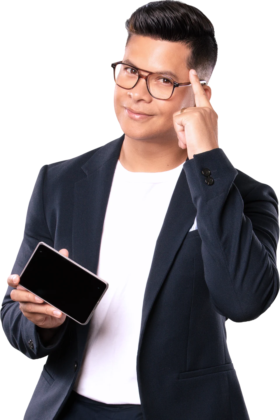 Jorge Luis del Hierro, Latin artist and CorPay USA ambassador, gestures to his temple while holding a black tablet